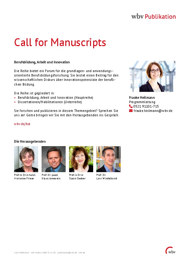Call for Manuscripts Reihe „Berufsbildung, Arbeit und Innovation”