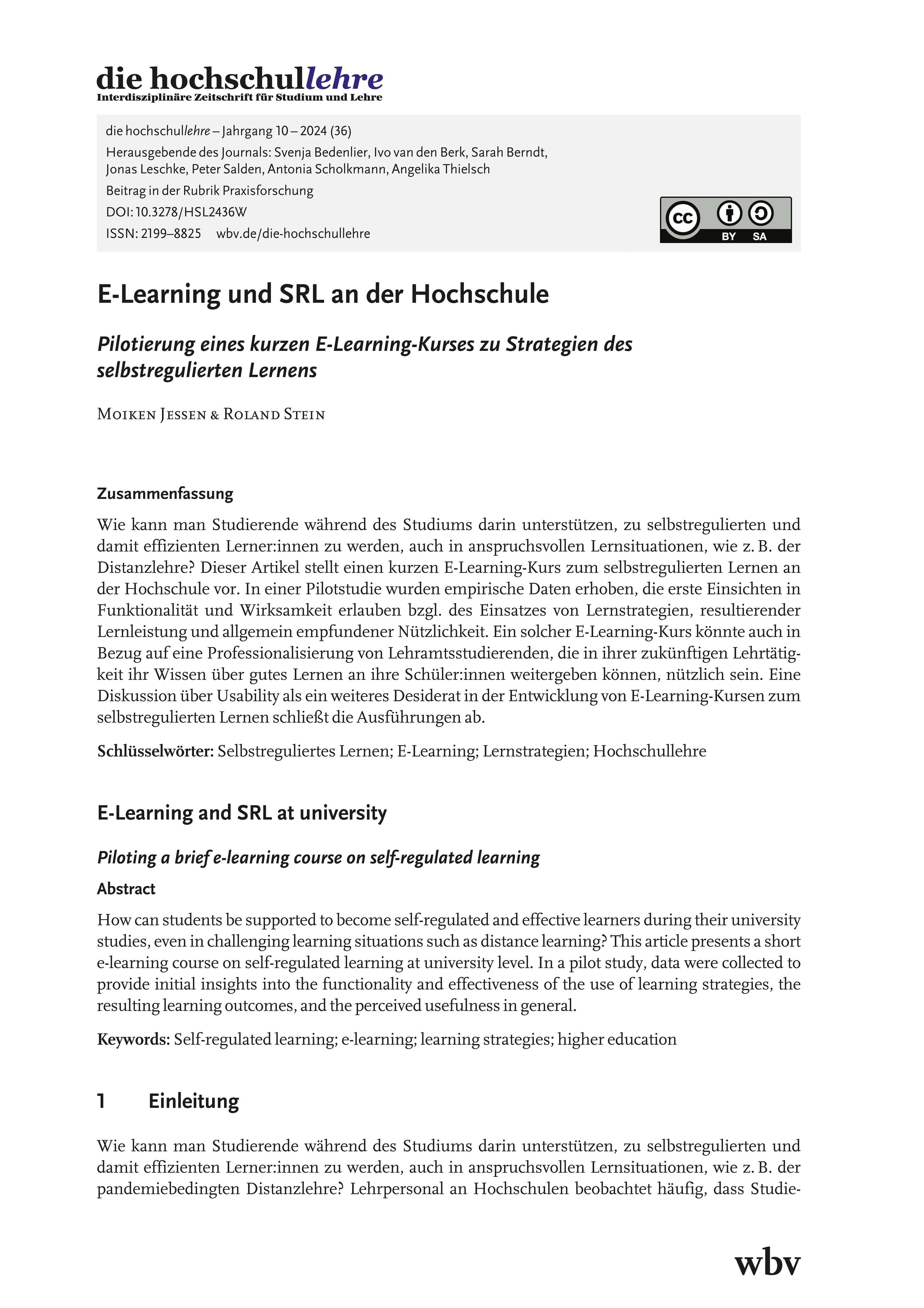 E-Learning und SRL an der Hochschule. Pilotierung eines kurzen E-Learning-Kurses zu Strategien des Selbstregulierten Lernens