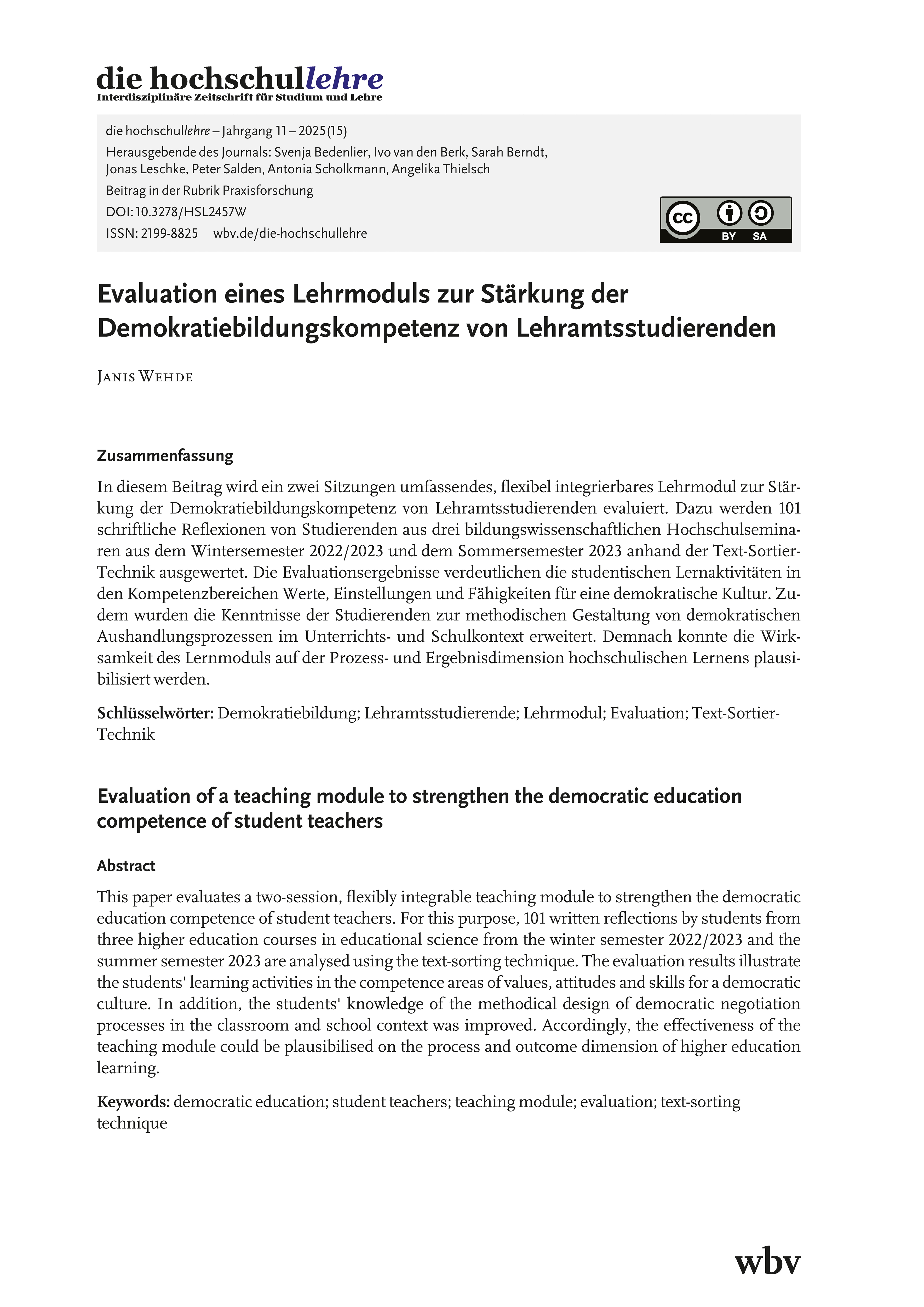 Evaluation eines Lehrmoduls zur Stärkung der Demokratiebildungskompetenz von Lehramtsstudierenden