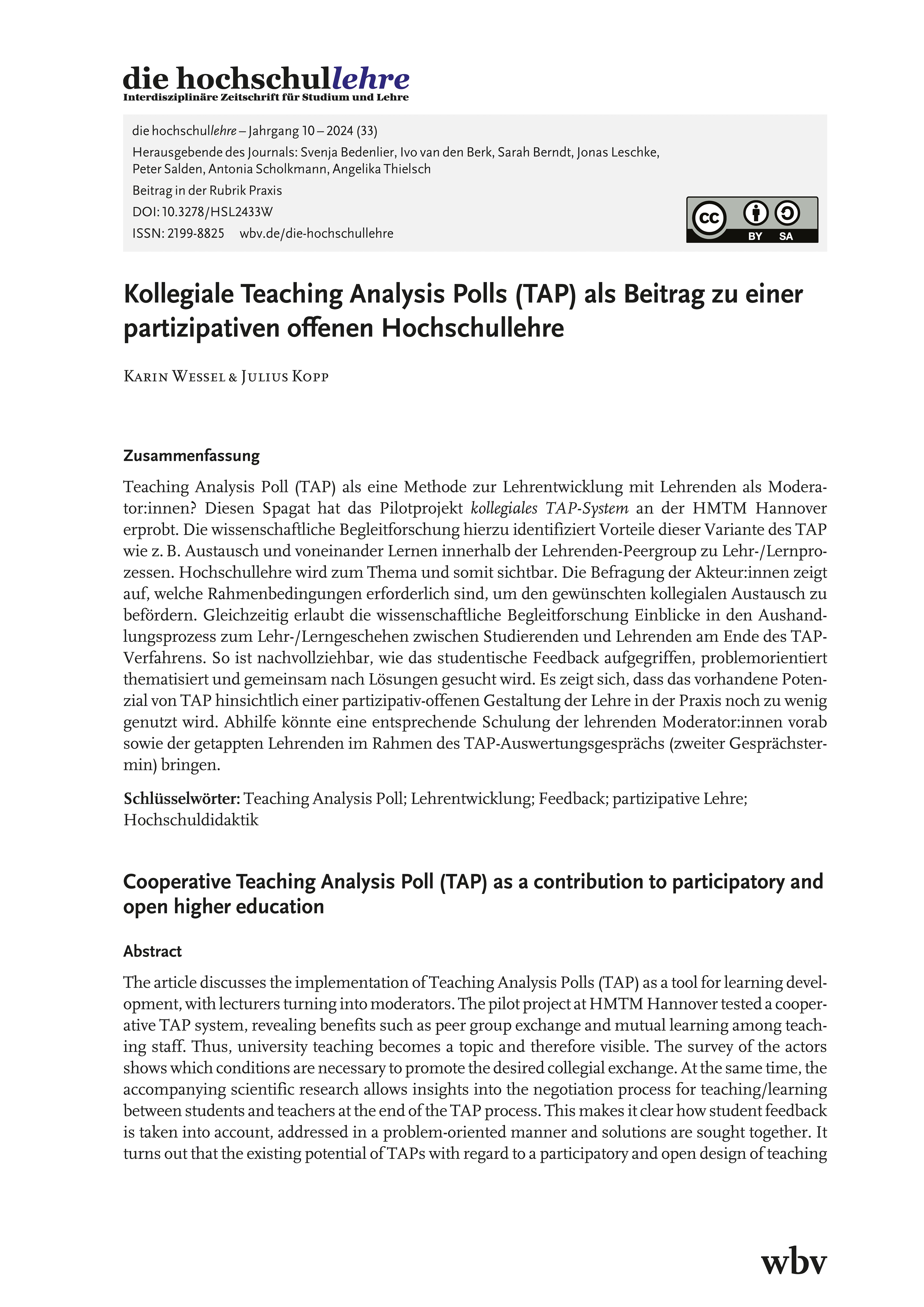 Kollegiale Teaching Analysis Polls (TAP) als Beitrag zu einer partizipativen offenen Hochschullehre