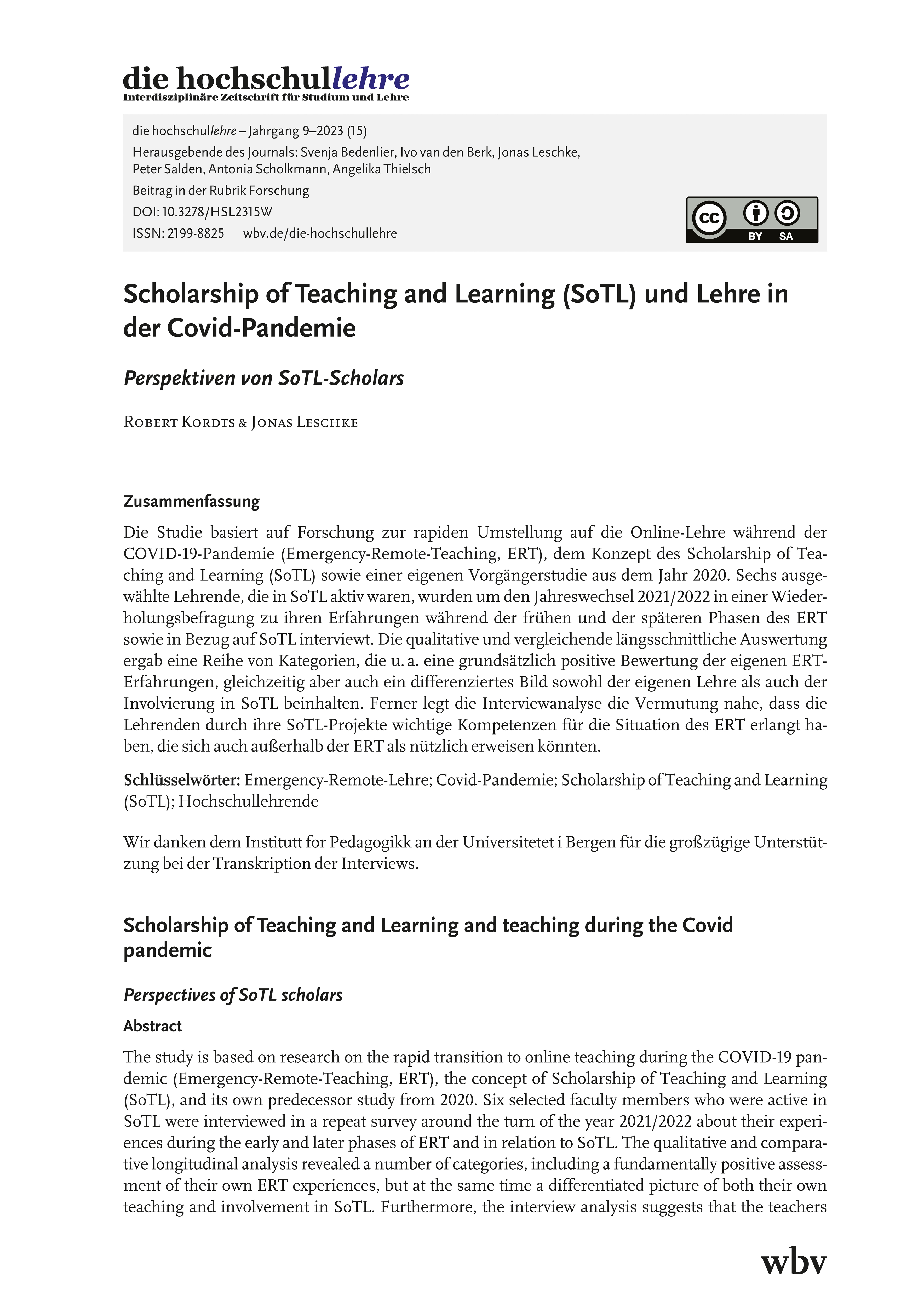 Scholarship of Teaching and Learning (SoTL) und Lehre in der Covid-Pandemie. Perspektiven von SoTL-Scholars