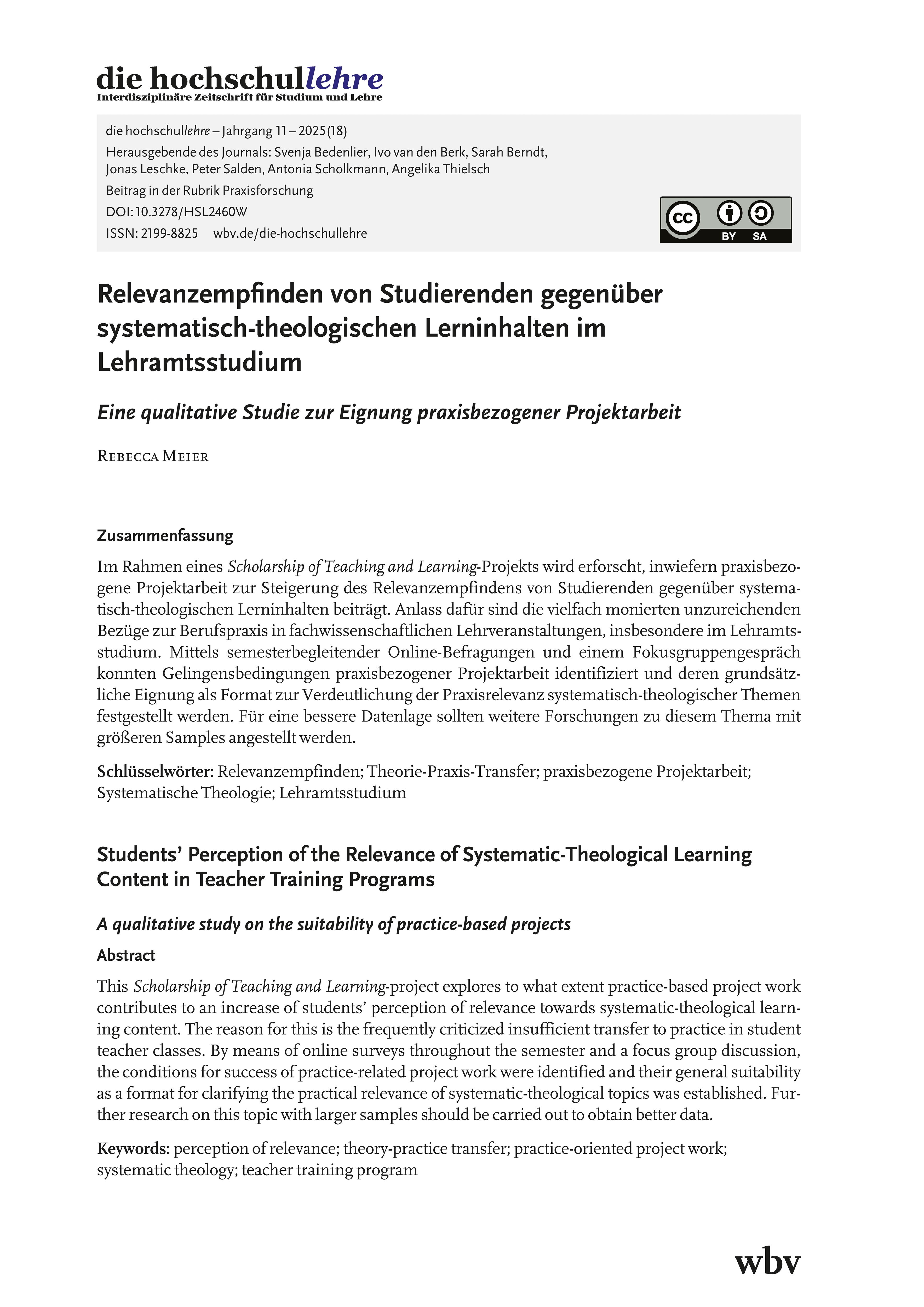 Relevanzempfinden von Studierenden gegenüber systematisch-theologischen Lerninhalten im Lehramtsstudium. Eine qualitative Studie zur Eignung praxisbezogener Projektarbeit