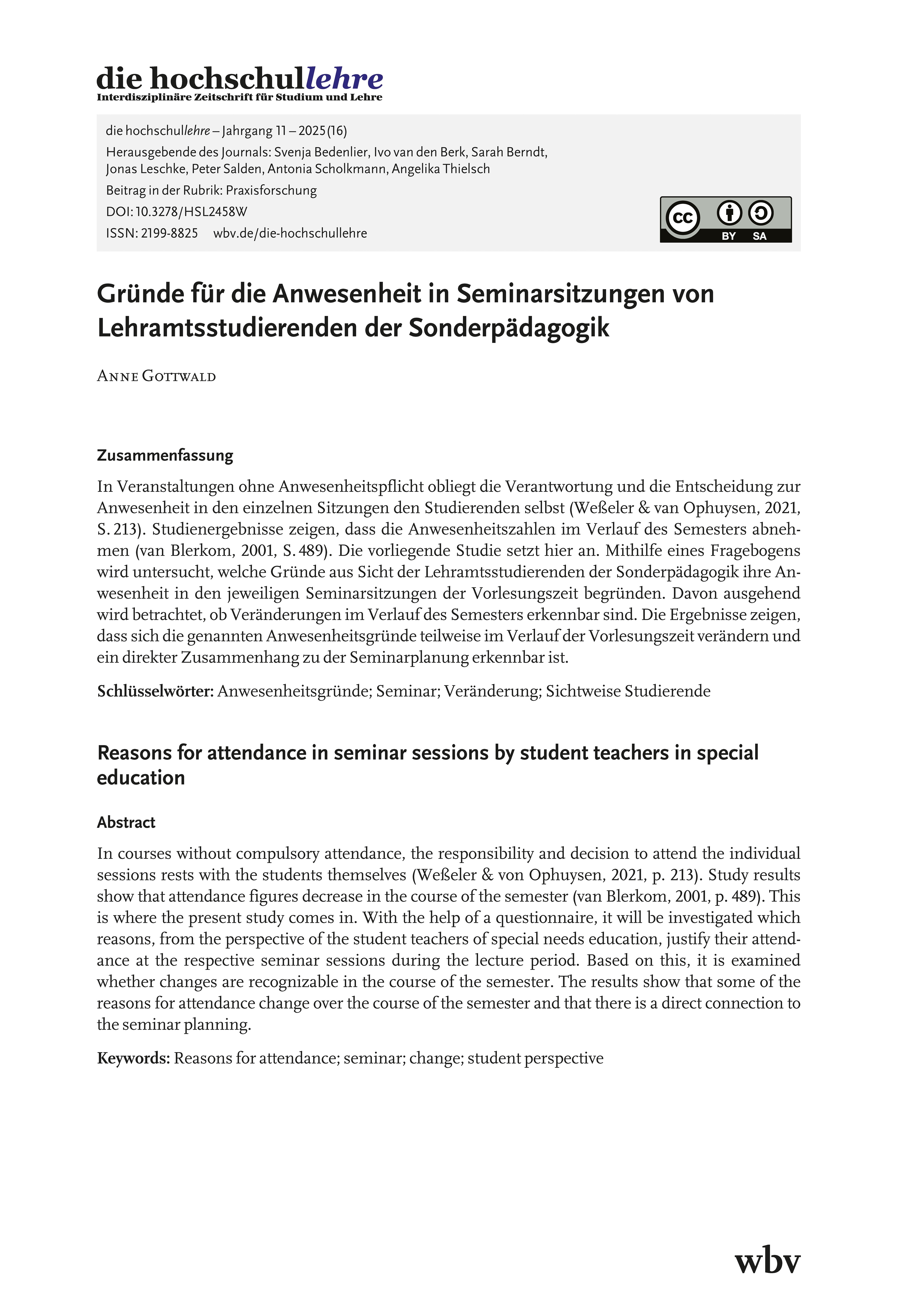 Gründe für die Anwesenheit in Seminarsitzungen von Lehramtsstudierenden der Sonderpädagogik