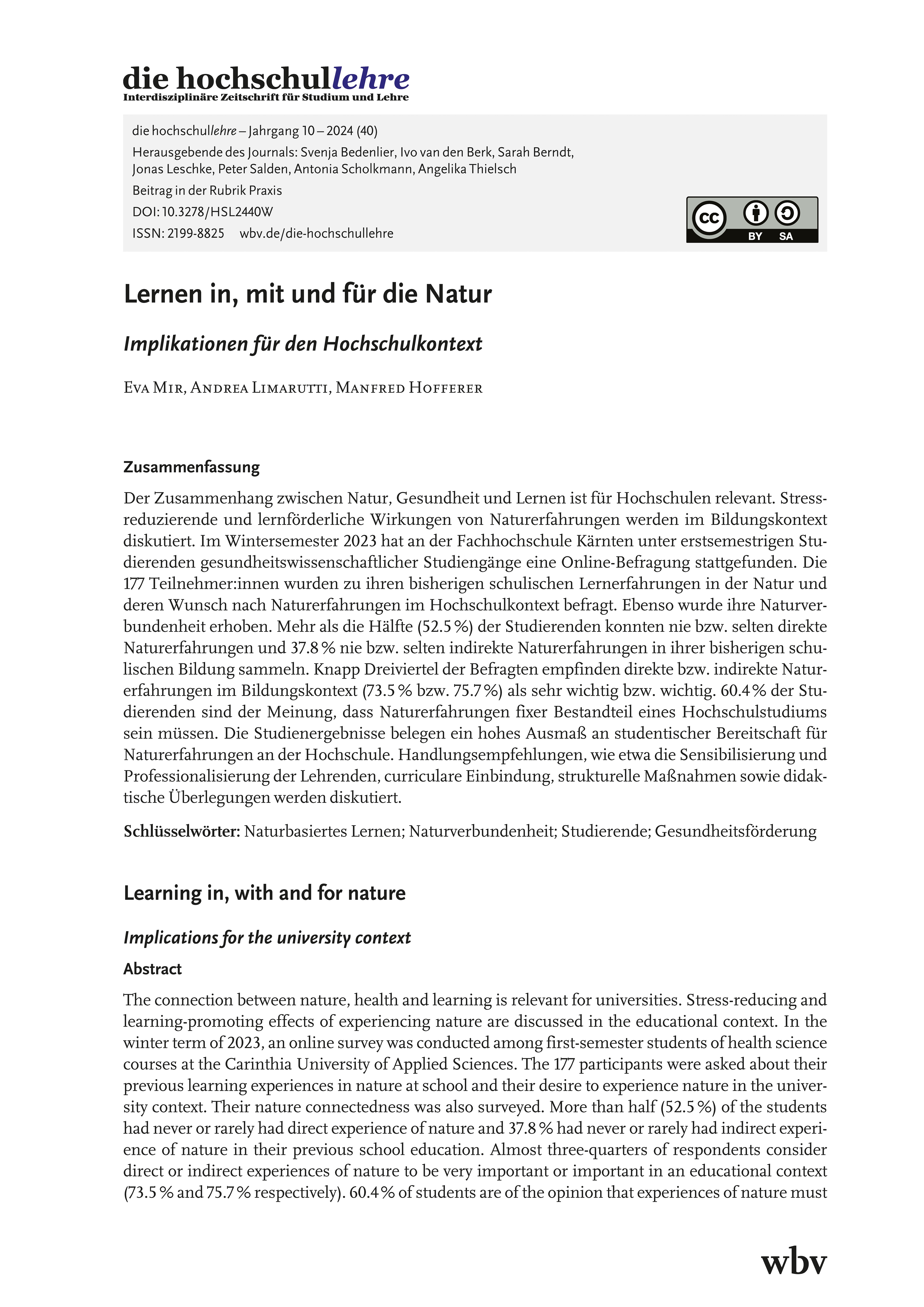 Lernen in, mit und für die Natur - Implikationen für den Hochschulkontext