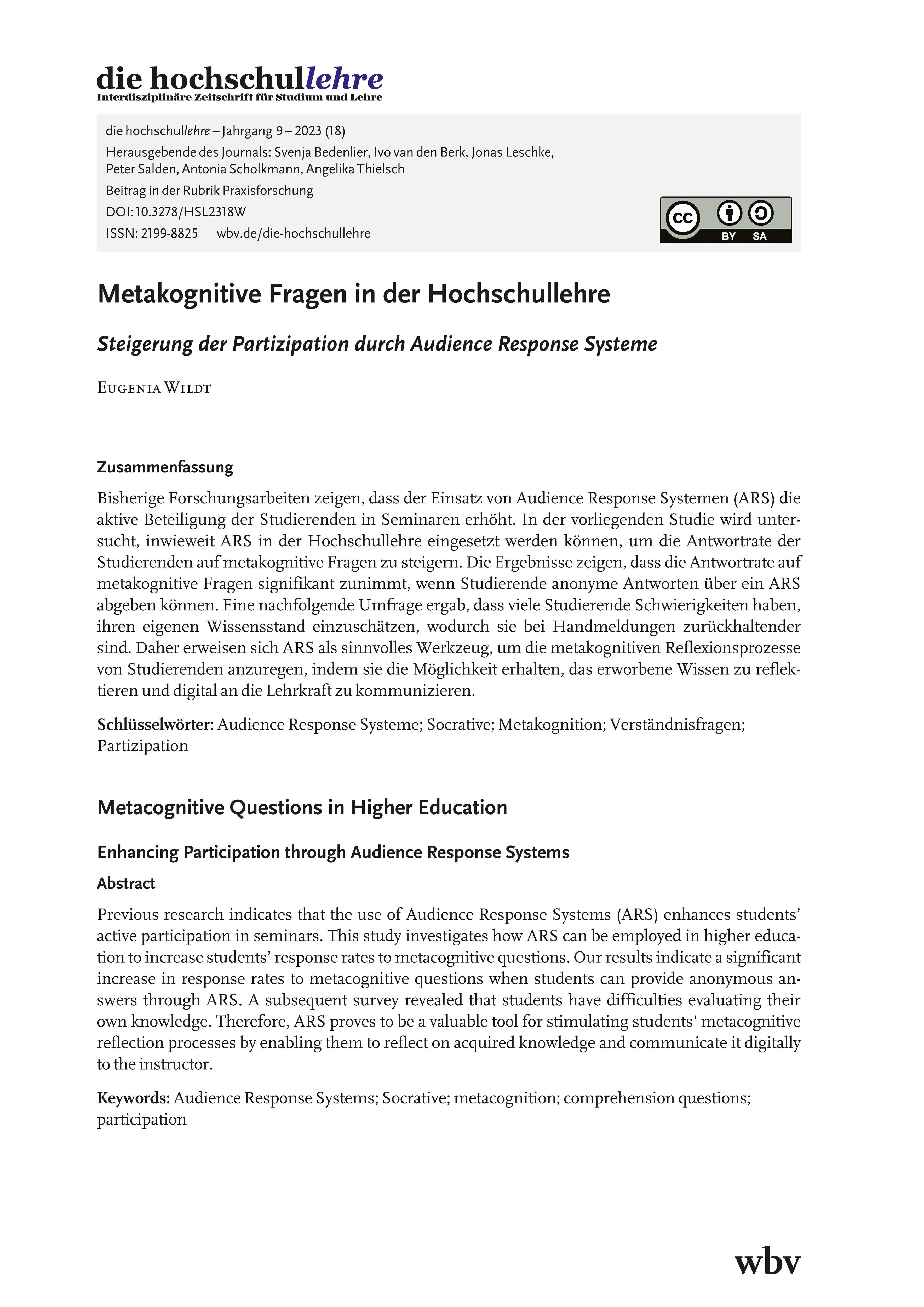 Metakognitive Fragen in der Hochschullehre. Steigerung der Partizipation durch Audience Response Systeme