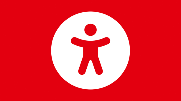 Weißes Symbol einer stilisierten Person mit ausgestreckten Armen in einem weißen Kreis auf rotem Hintergrund. Das Symbol steht für Barrierefreiheit. Weißes Symbol einer stilisierten Person mit ausgestreckten Armen in einem weißen Kreis auf rotem Hintergrund. Das Symbol steht für Barrierefreiheit.